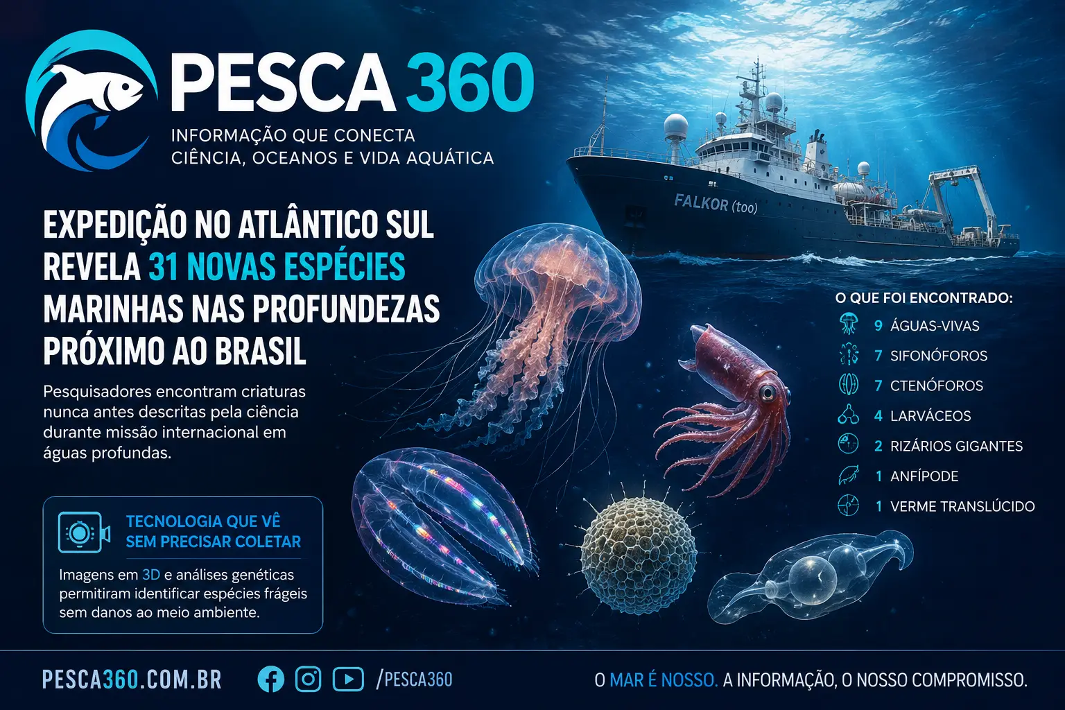 Expedição internacional revela 31 novas espécies marinhas nas profundezas do Atlântico Sul próximo ao Brasil